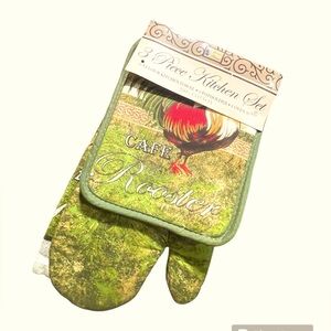 3~Pcs Kitchen Towel Sets Rooster 1~Oven Mitt & 1~Towel & 1~Potholder 100%Cotton